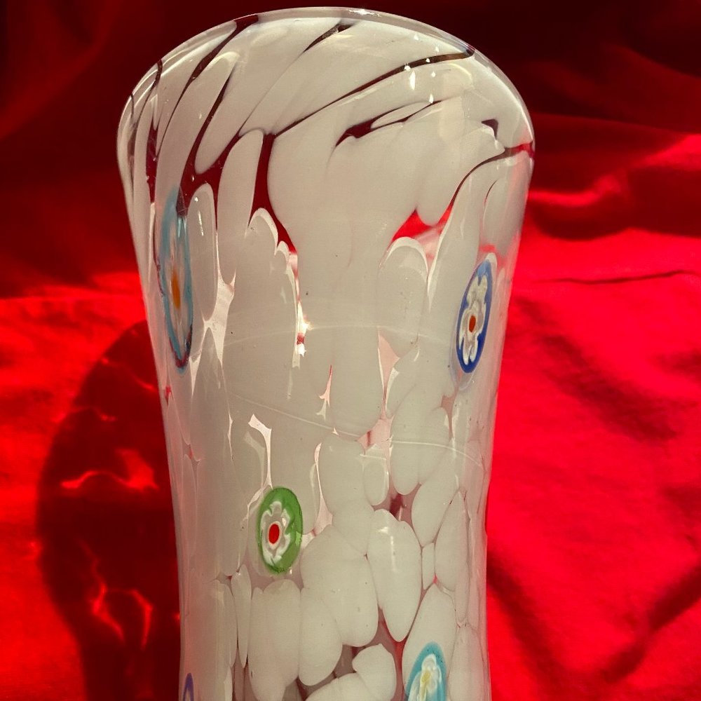 Art Glass Vase white red green pattern. Beautiful hand blown,  Murano style.